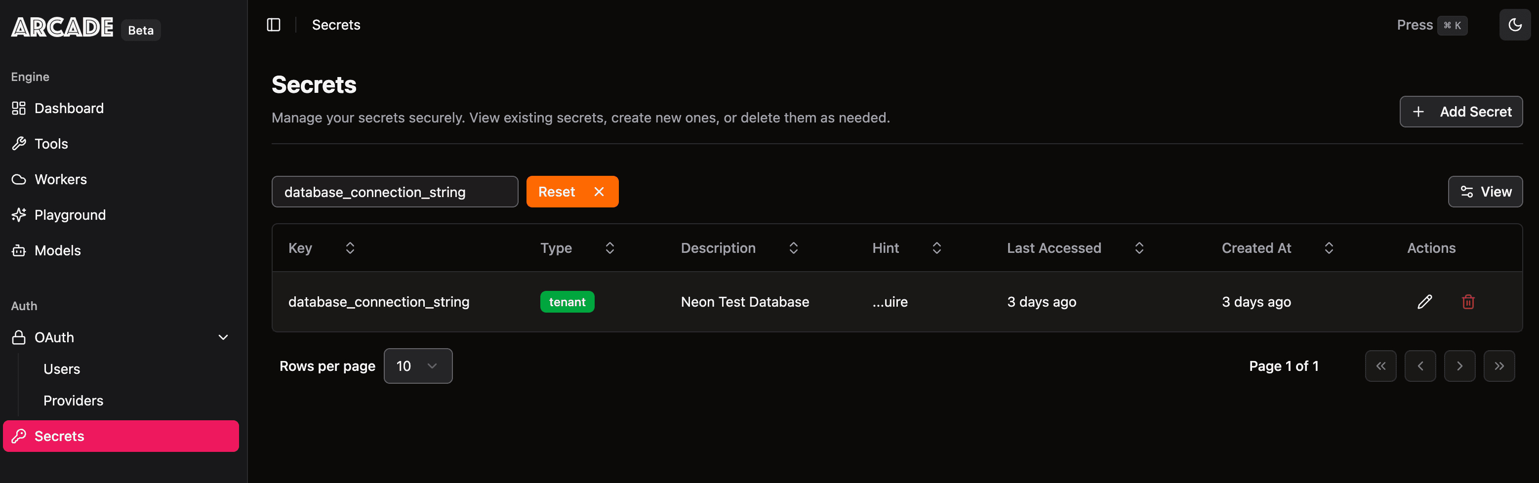 An image showing how the Arcade UI allows users to manage secrets